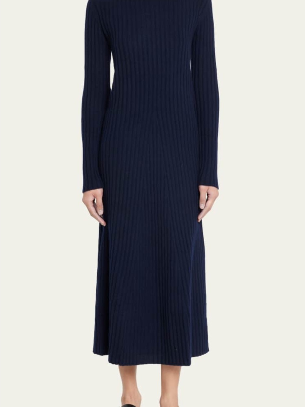 Long-Sleeve Ribbed Midi Dress in Navy 100 Cashmere